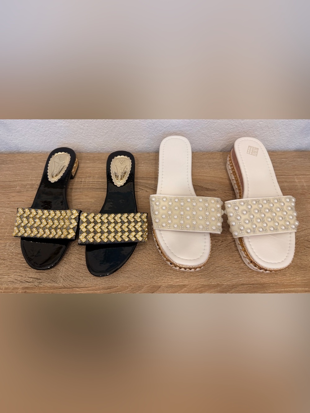 Pearl-Embellished White Slide Sandals & Black with Gold ~ Size 38